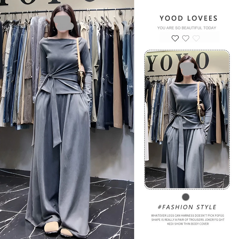 2025春秋新款韩系时尚减龄不规则绑带收腰上衣高腰阔腿裤两件套女