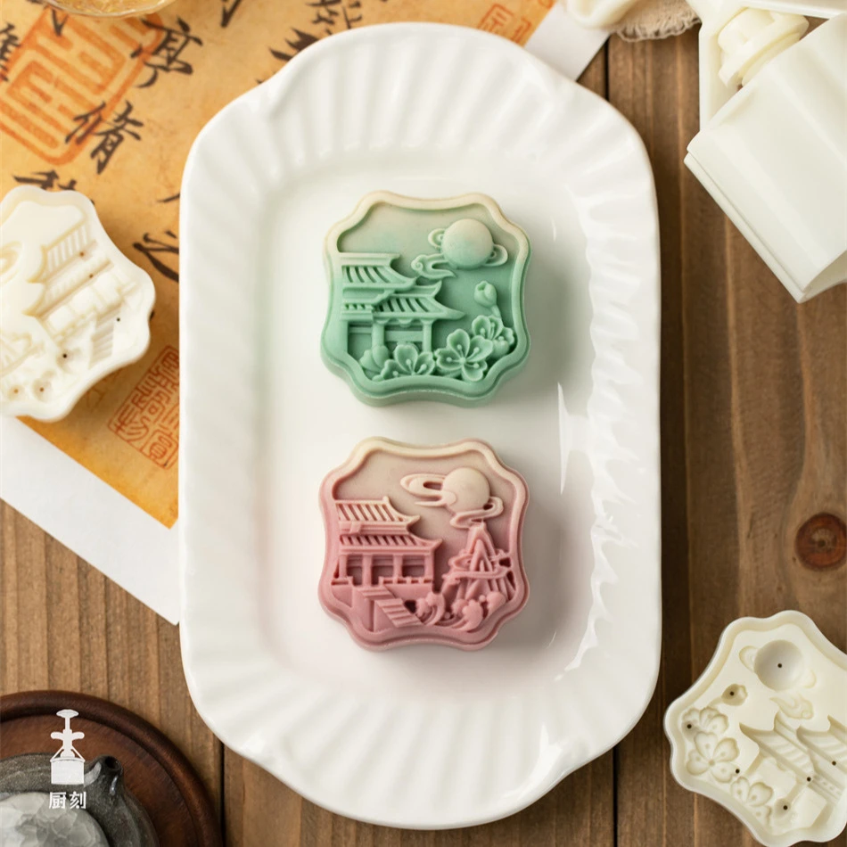 25年新款75克望月楼月饼模具绿豆糕模具国潮明月宫殿手压式糕点模