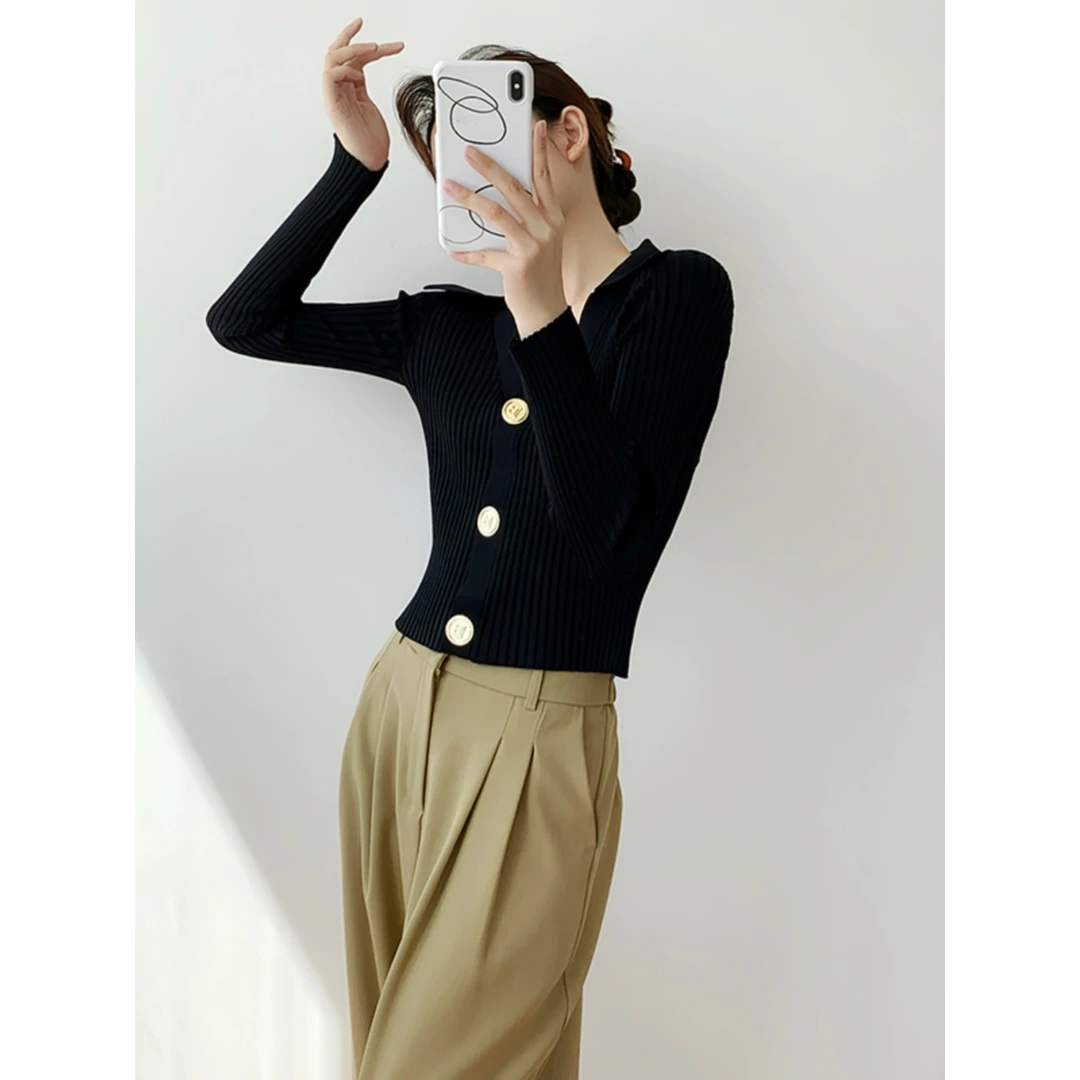 秋冬纯色大翻领V领针织长袖2025新款轻奢修身针织衫-3308