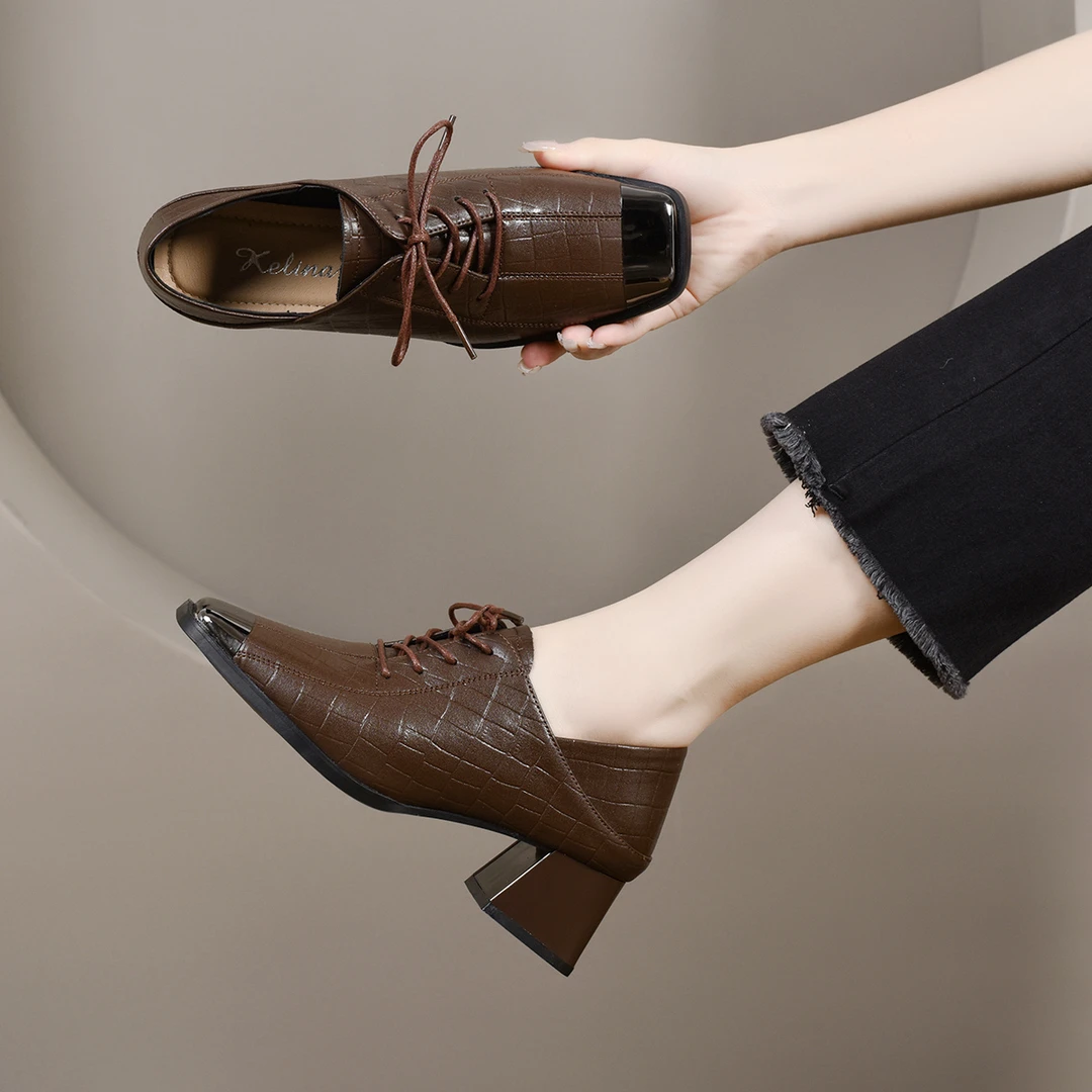 百搭春季复古方头深口粗跟系带单鞋爆款秋冬新款低跟软底小皮鞋