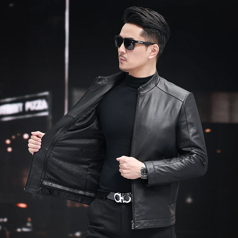 VBA 2820 YZX牛皮立领绵羊毛内胆保暖时尚修身海宁真皮皮衣外套男