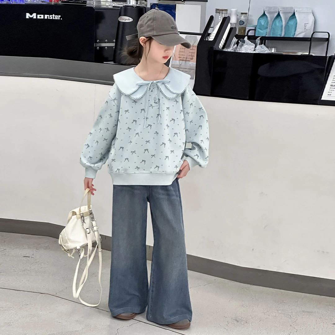 女童2025新款春秋套装大翻领卫衣韩版儿童休闲女孩牛仔裤两件套潮