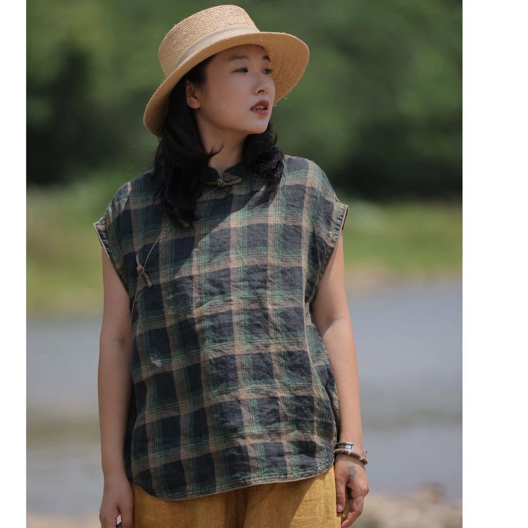 西子分享 7162 古蘭木 亚麻斜襟盘扣【背心】