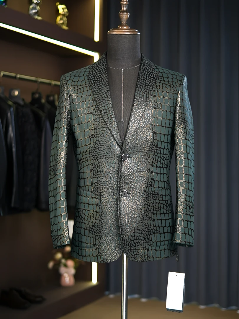 设计师款绿色鳄鱼纹绵羊皮真皮男士西装外套时尚休闲小众轻奢皮衣