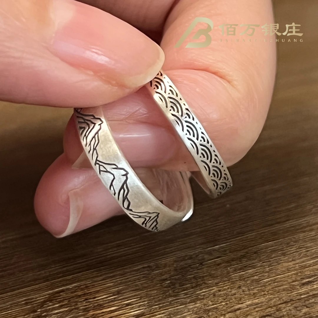 足银戒指 【佰万银庄】砂旧素款情侣戒指复古时尚古法纯手工个性