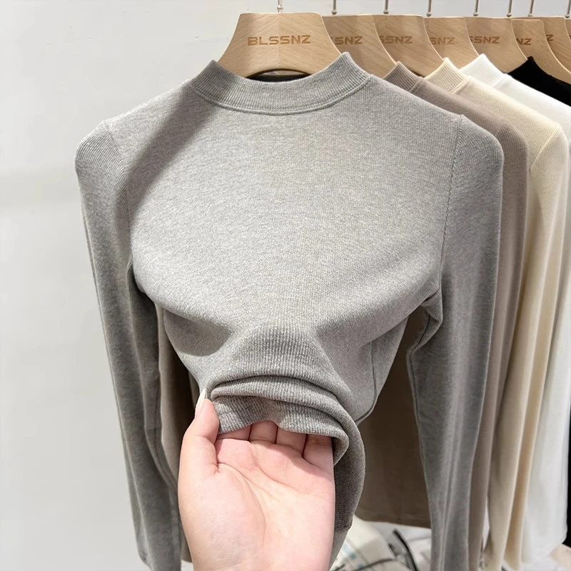 半高领磨毛打底衫女内搭春秋2025新款欧货修身保暖上衣长袖t恤