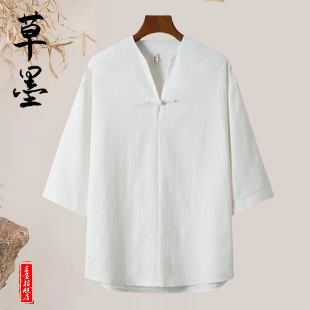 中国风亚麻汉服男装V领盘扣提花短袖T恤棉麻薄款五分袖中式唐装