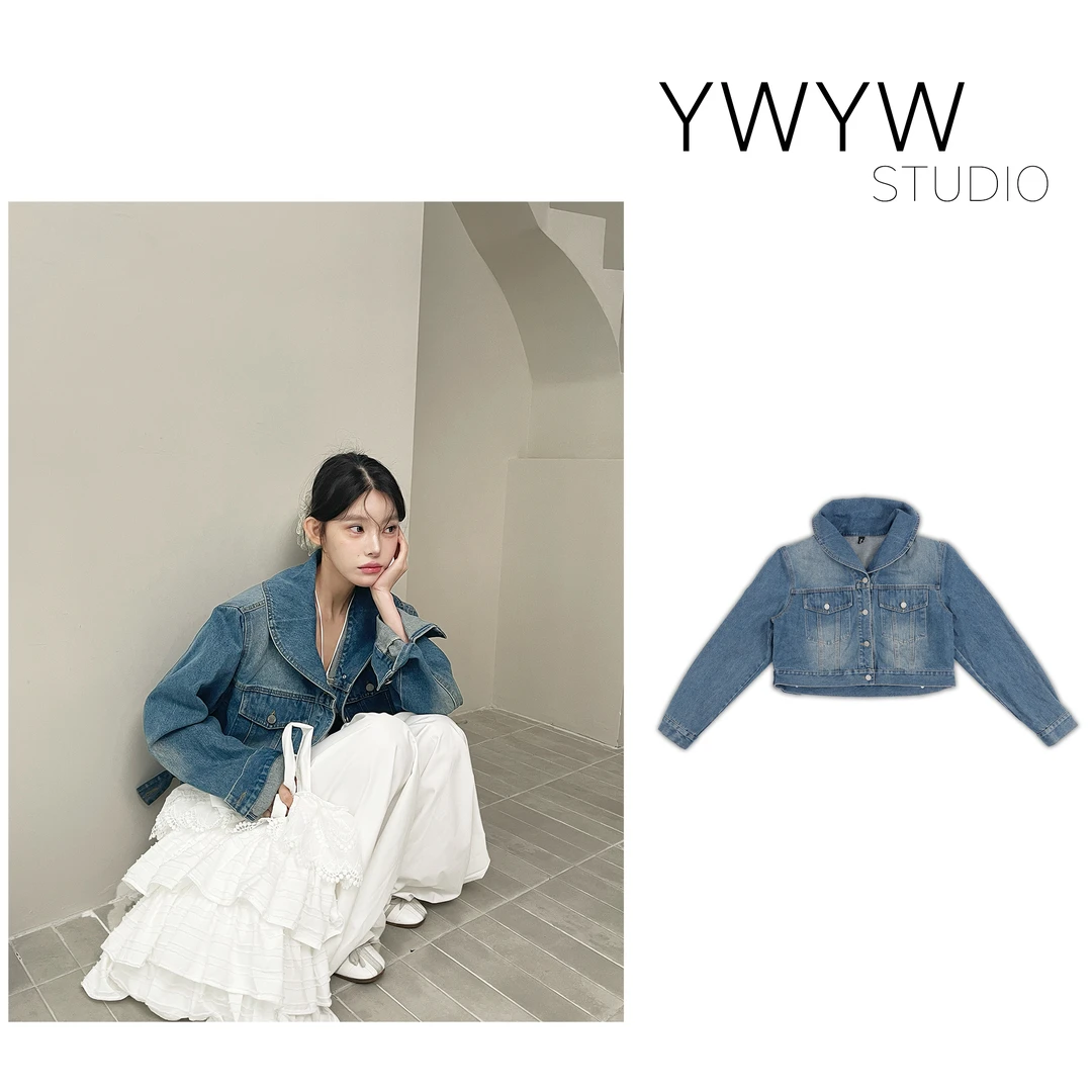 【YWYW25S/S】春季时尚百搭复古做旧水洗木耳领短款牛仔外套A8223