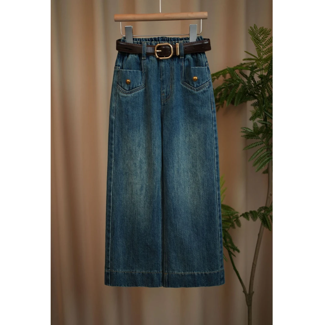 女童牛仔裤春秋款2025春季新款前口袋设计款中大童百搭直筒裤A031