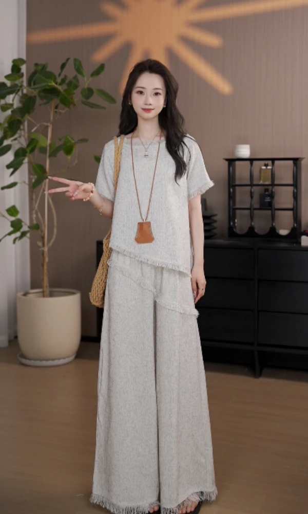 2025夏季新款薄款小香风套装女流苏设计感短袖上衣裤子两件套女