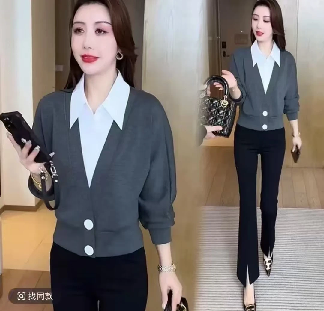 假两件春秋季新款百搭衬衣翻领洋气减龄显瘦气质衬衫上衣