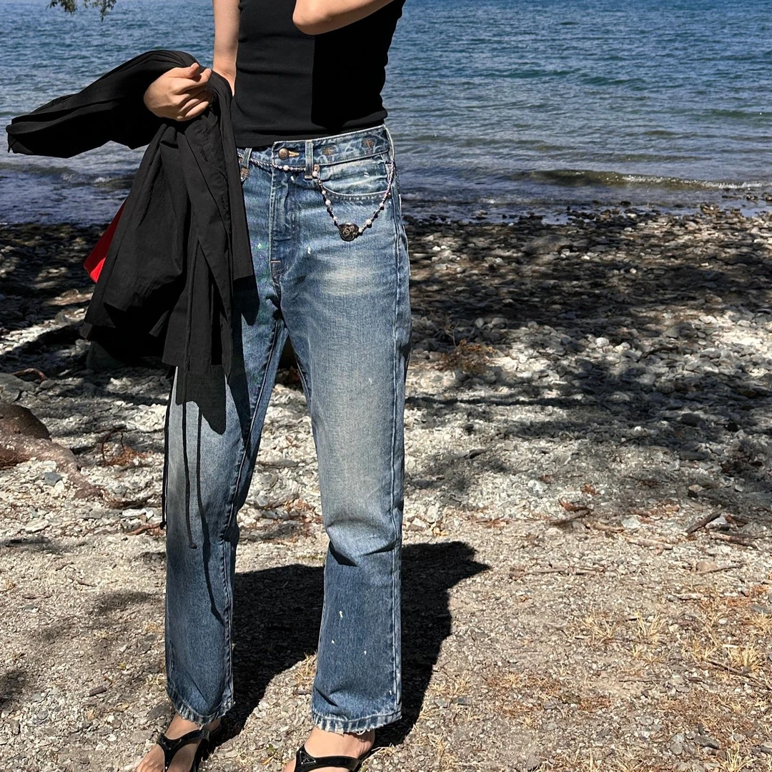 DE Mincollection墨点牛仔/复古不规则漆怀旧水洗直筒牛仔裤40108