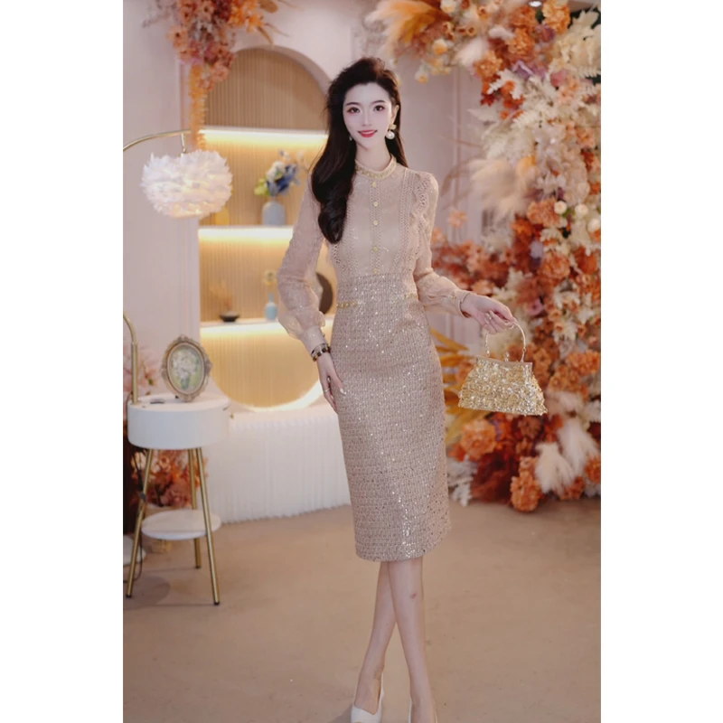 2025秋冬新款女时尚气质修身小香风轻奢名媛长袖法式连衣裙25078