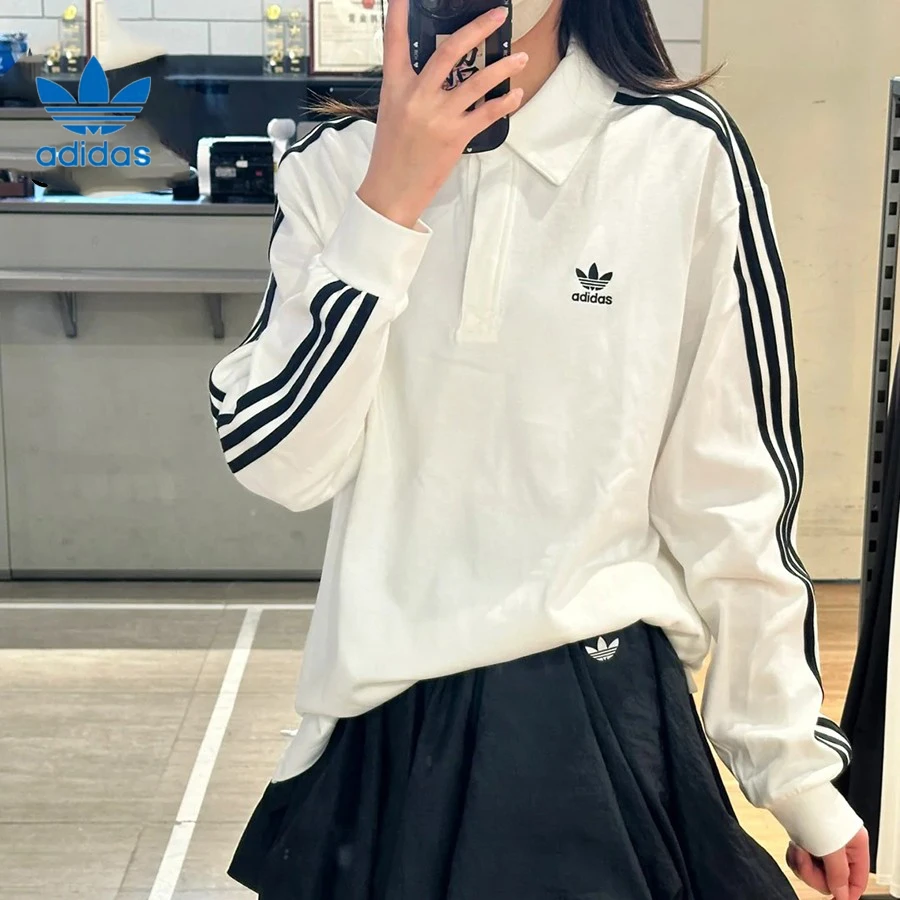 阿迪达斯三叶草长袖男女翻领条纹POLO衫运动纯棉T恤打底衫IZ2459