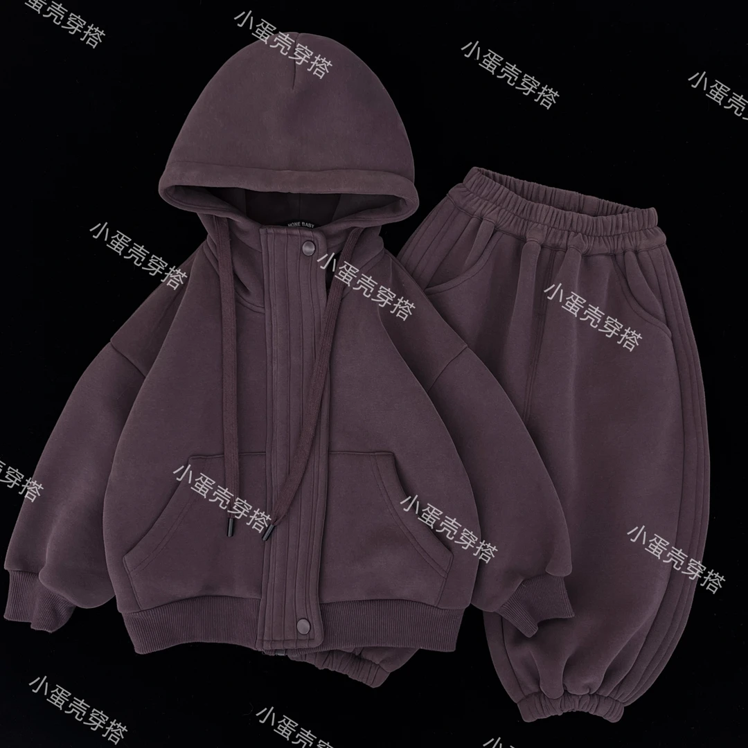 【小蛋壳】【现货】儿童秋冬新款韩版时尚加绒两件套男童宽松连帽套装