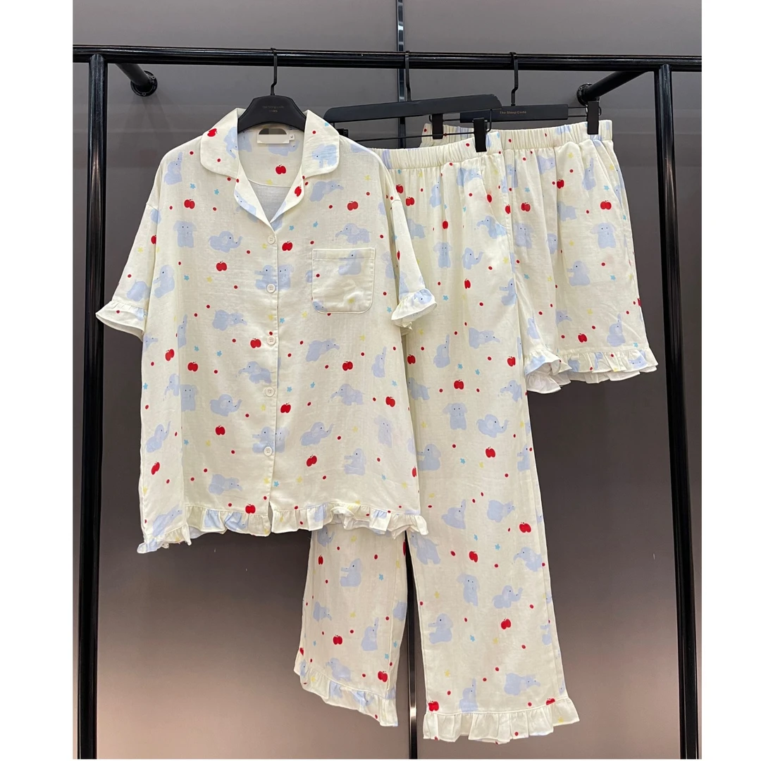 【苹果小飞象-短袖三件套】 夏款新款潮牌短袖薄棉纱质居家服睡衣