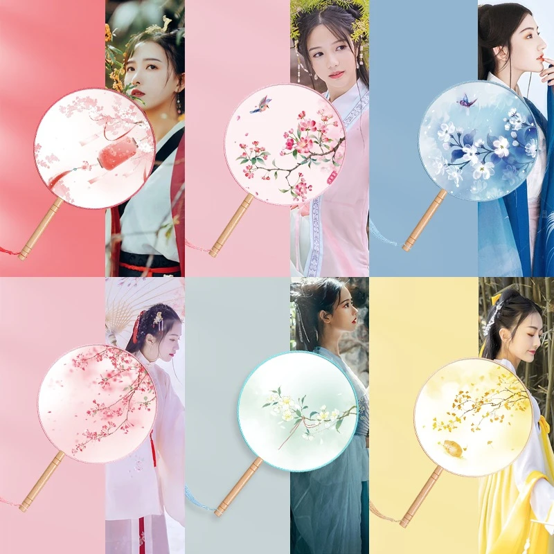 团扇古风扇子夏天半透长柄舞蹈扇女童古装汉服旗袍刺绣小圆扇