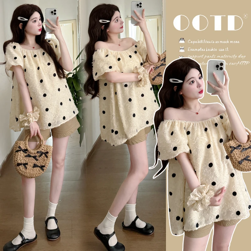 2025新款夏季孕妇装两穿圆领一字肩宽松上衣韩版刺绣波点娃娃衫