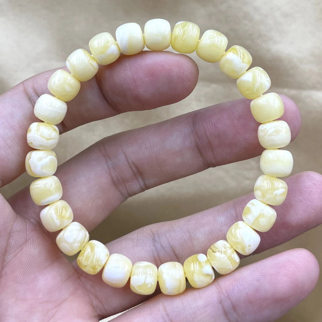 原矿俄料蜜蜡手串同料瓷白飘白花小妖孽器型饱满器型饱满尺寸8×7