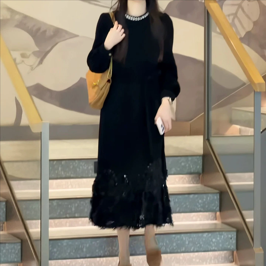 【岩心】大码女装300斤胖MM法式气质黑色亮片丝绒鱼尾连衣裙862