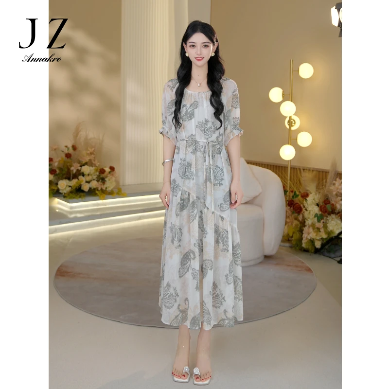 JY玖姿安娜蔻KTFX500339度假风高腰印花宽松显瘦慵懒感连衣裙