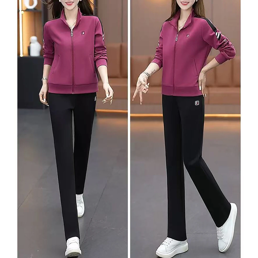 拼色拉链宽松百搭长袖外套直筒休闲裤套装Q14002