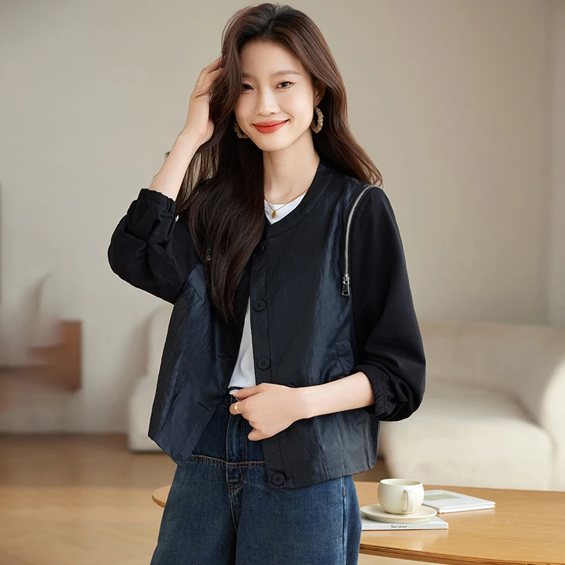 设计感可拆卸袖圆领棒球服女春秋休闲宽松时尚百搭夹克服短外套潮