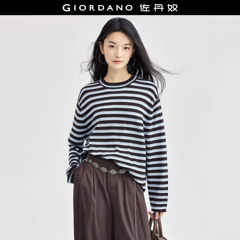 佐丹奴针织衫女装时尚撞色条纹针织衫宽松圆领套头长袖 18354607