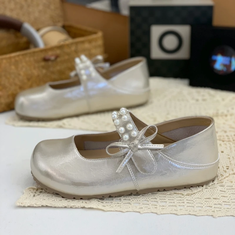 可脚踩两穿法式玛丽珍鞋女2025新款秋季内增高浅口蝴蝶结珍珠单鞋