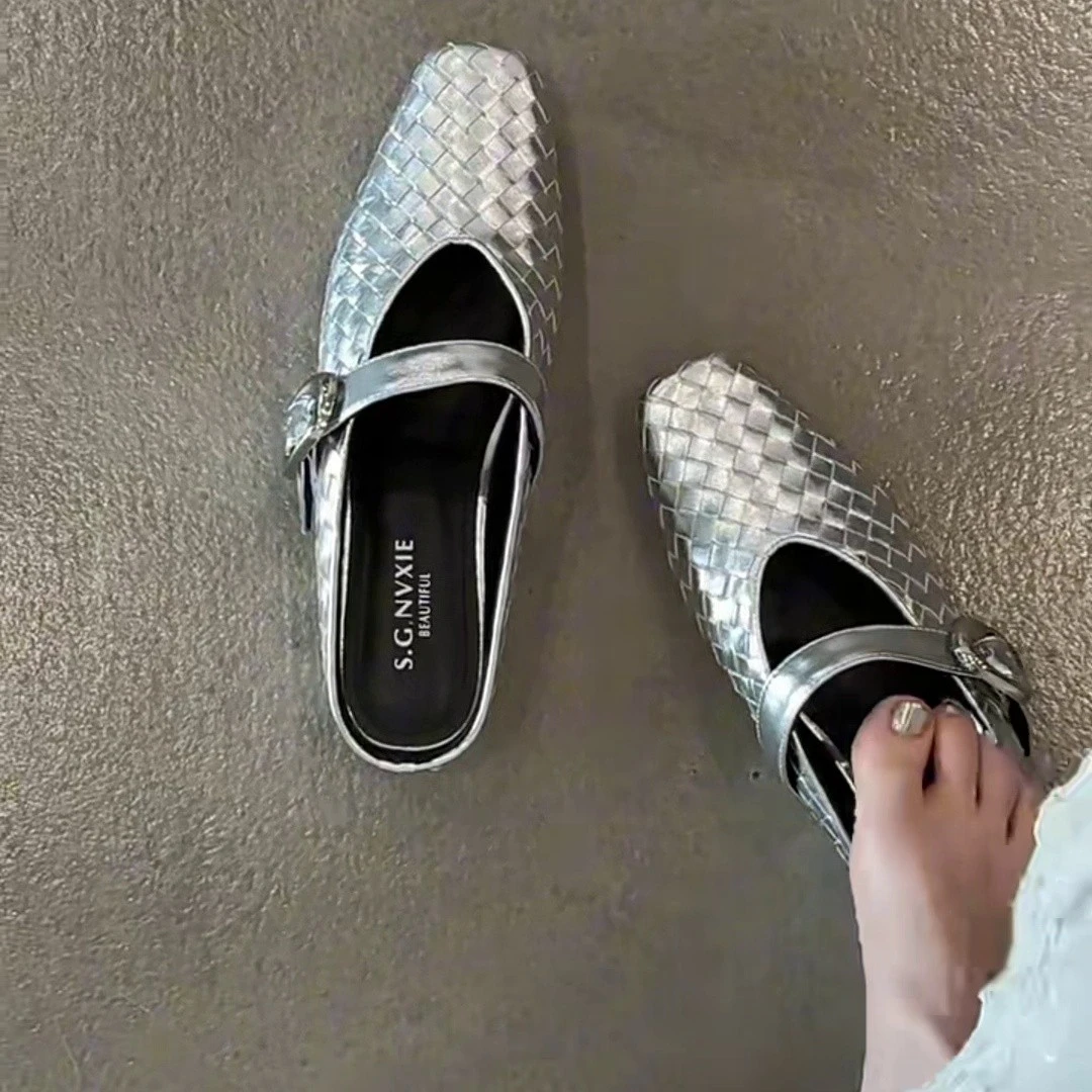 2025新款法式小众厚底方头一字扣带舒适懒人包头半拖鞋女