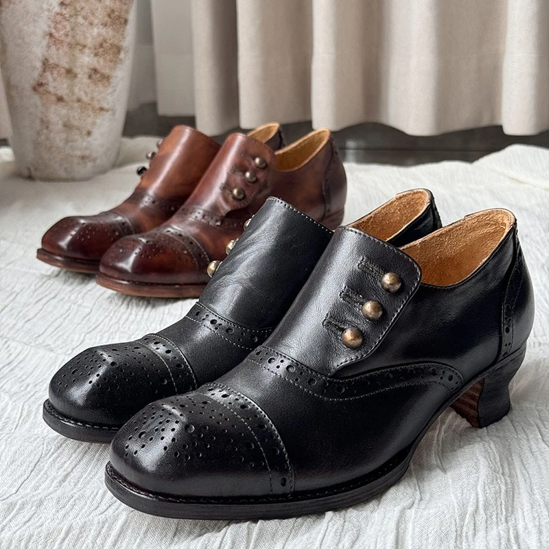 爱德华时代古董纽扣方头小众擦色手工鞋复古单鞋2025新款