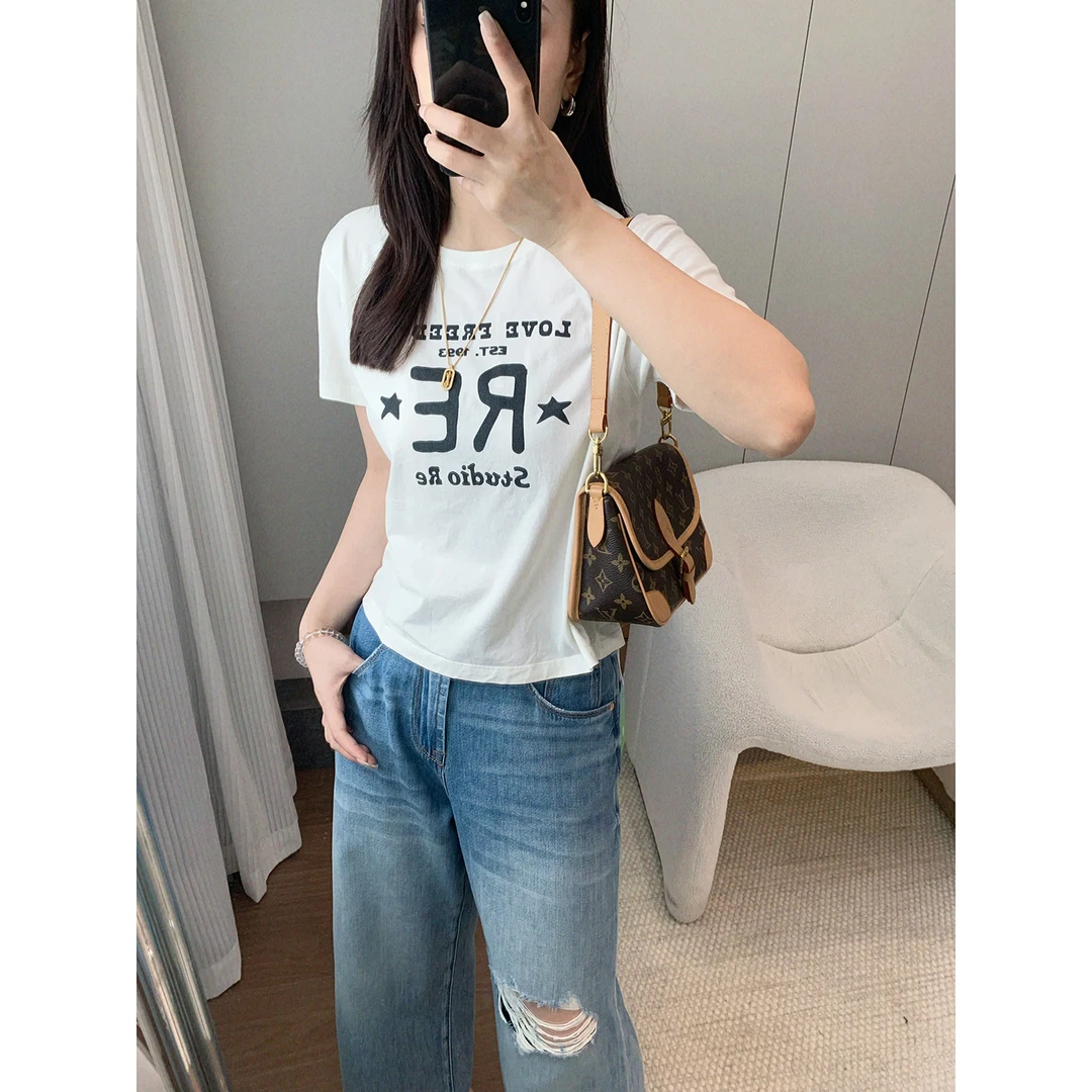 特价【RE短袖】白墨印花简约合身版显瘦字母纯棉短袖深圳货