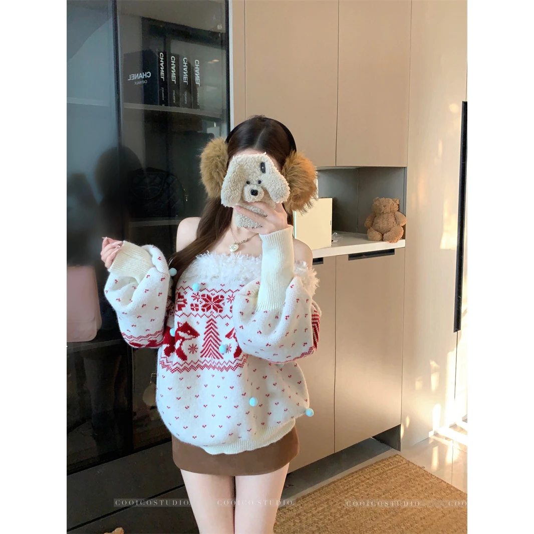 毛毛拼接费尔岛提花圣诞毛衣女冬季一字肩套头针织衫百搭慵懒上衣
