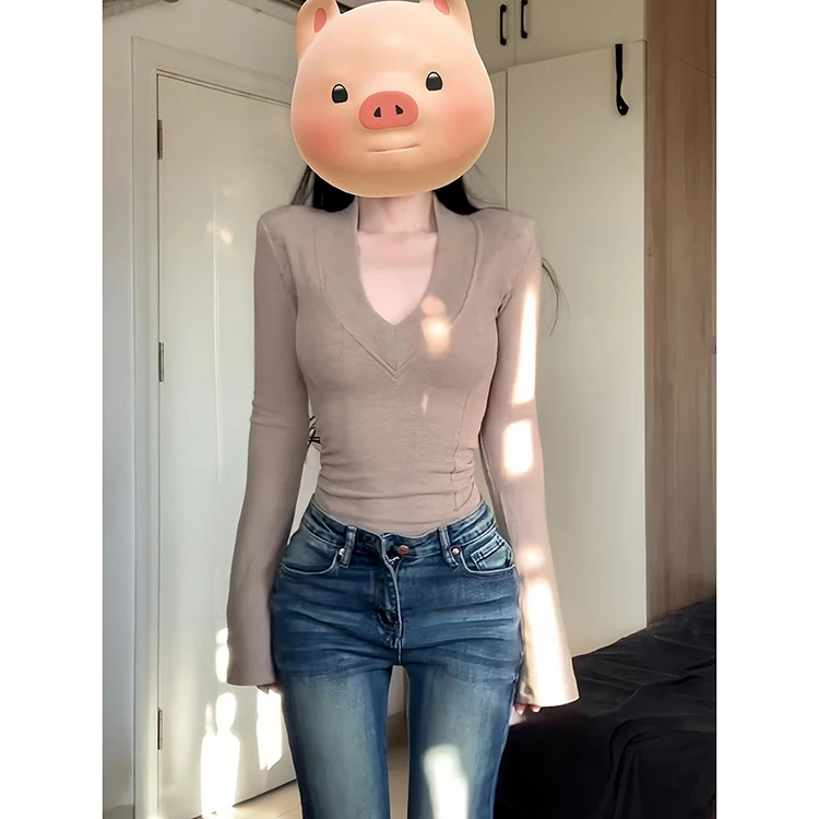 6-8运补2025新款韩版高级感修身领针织恤女内搭显瘦气质长袖打底