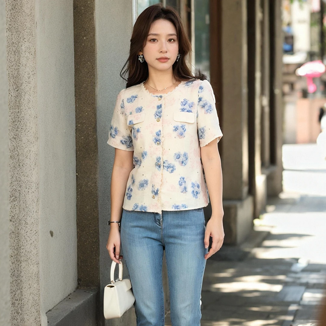 奢姿大码女装2025夏胖妹妹减龄圆领花边刺绣好看气质短袖碎花上衣