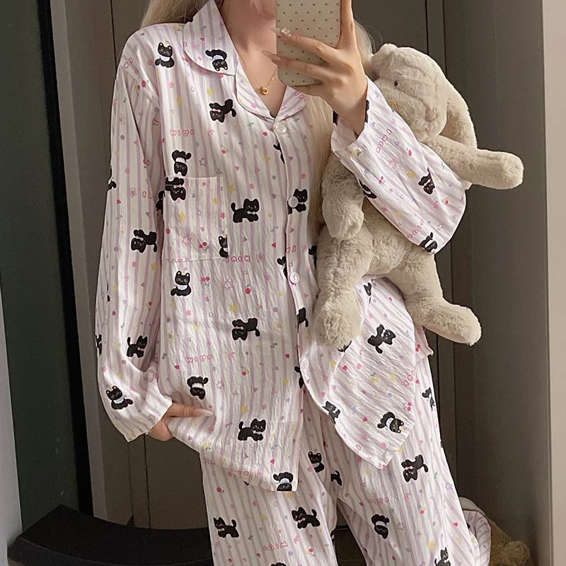 【紫色小黑猫】云朵棉睡衣女款春秋季长袖长裤套装日系卡通家居服