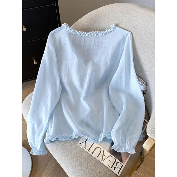 2025夏季新款温柔木耳边V领系带薄款衬衫女百搭防晒开衫外搭5001#