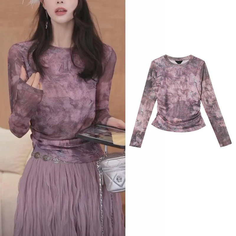 扎染印花网纱长袖T恤女夏季新款修身显瘦薄款防晒衫圆领打底上衣