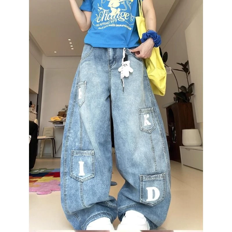 美式复古弯刀牛仔裤男夏季新款慵懒松弛感口袋印花阔腿裤百搭长裤
