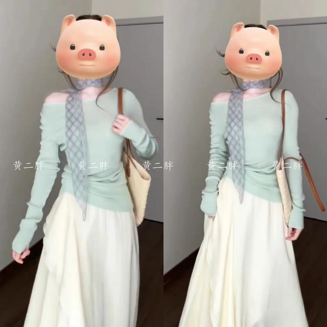 修身针织衫一字领显瘦T恤上衣松紧腰甜温柔风花边俩件套（送丝巾）