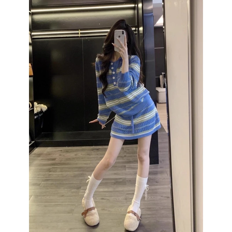 时尚休闲运动套装女2025年秋新款高级感超好看的针织衫半裙两件套