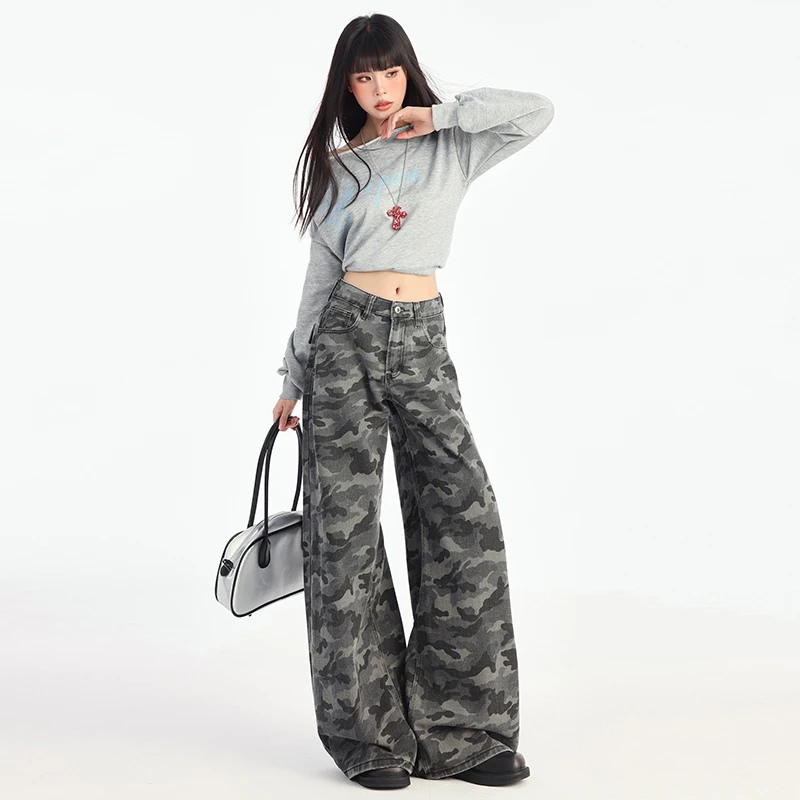 复古美式高街阔腿迷彩牛仔裤女春季新款宽松直筒显瘦高腰休闲裤子
