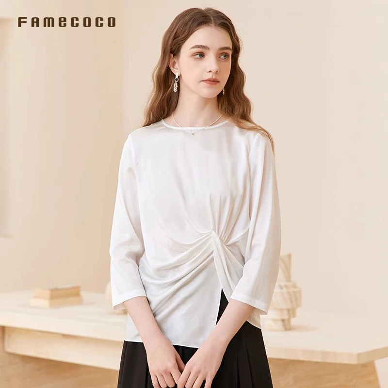 商场同款Famecoco范可儿原创天丝七分袖垂感不规则内搭FAC1BK005