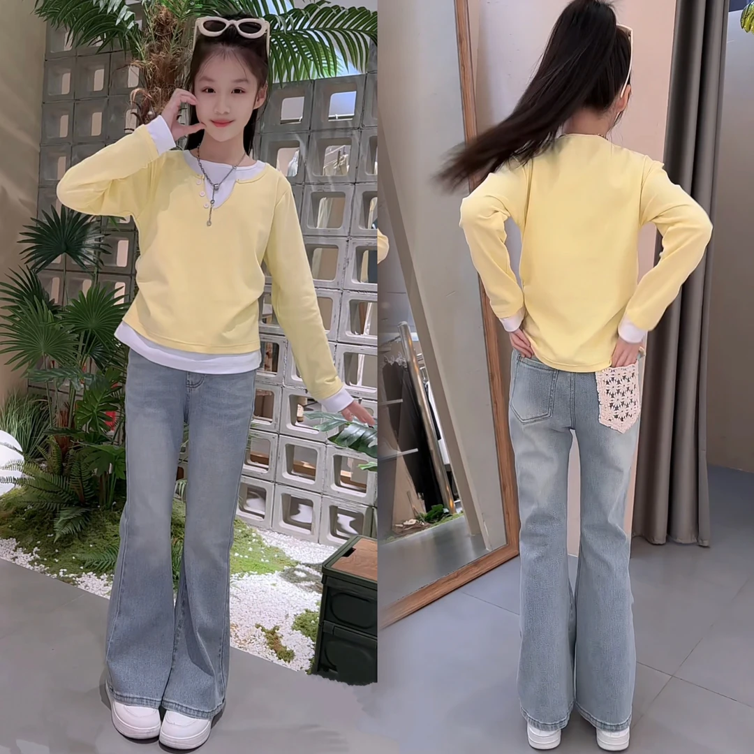 女童喇叭裤春装2025新款儿童洋气牛仔裤女童裤子春季修身韩版长裤