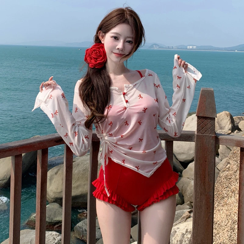 美亦舒泳衣女连体成人海边海滩红色高级遮肉温泉性感新款女装微胖