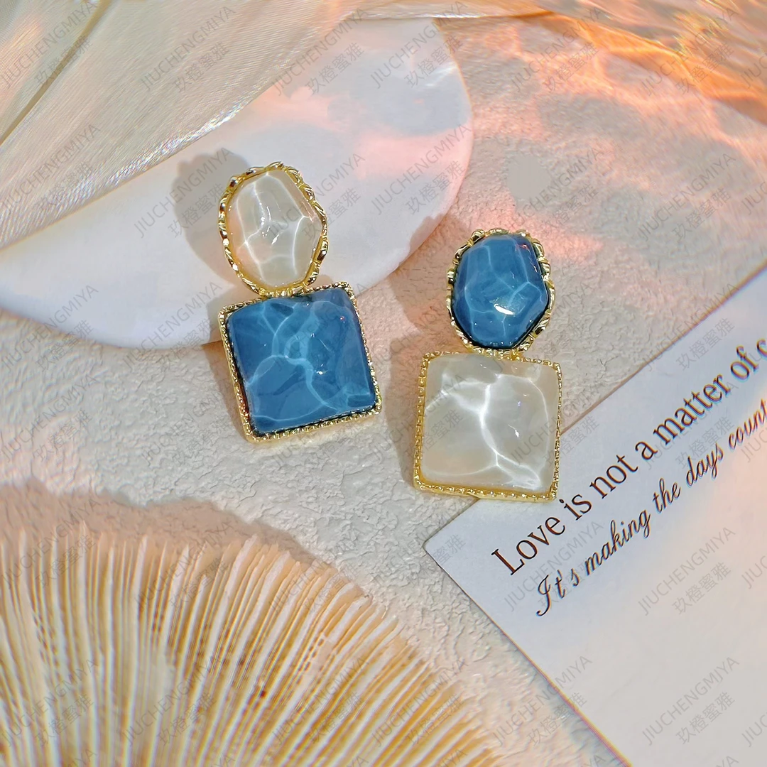 铜合金合成锆石耳饰 蔚澜CH836时尚气质百搭高级感蓝色海边女耳环