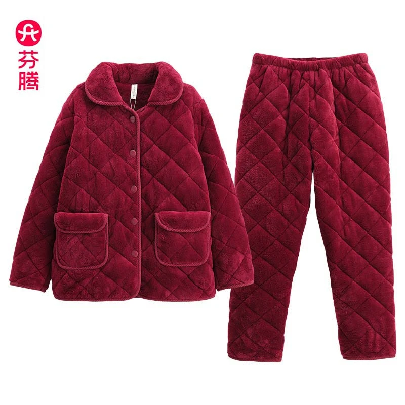 芬腾冬季新款藕粉三层加绒加厚珊瑚绒夹棉超柔女神睡衣家居服2025