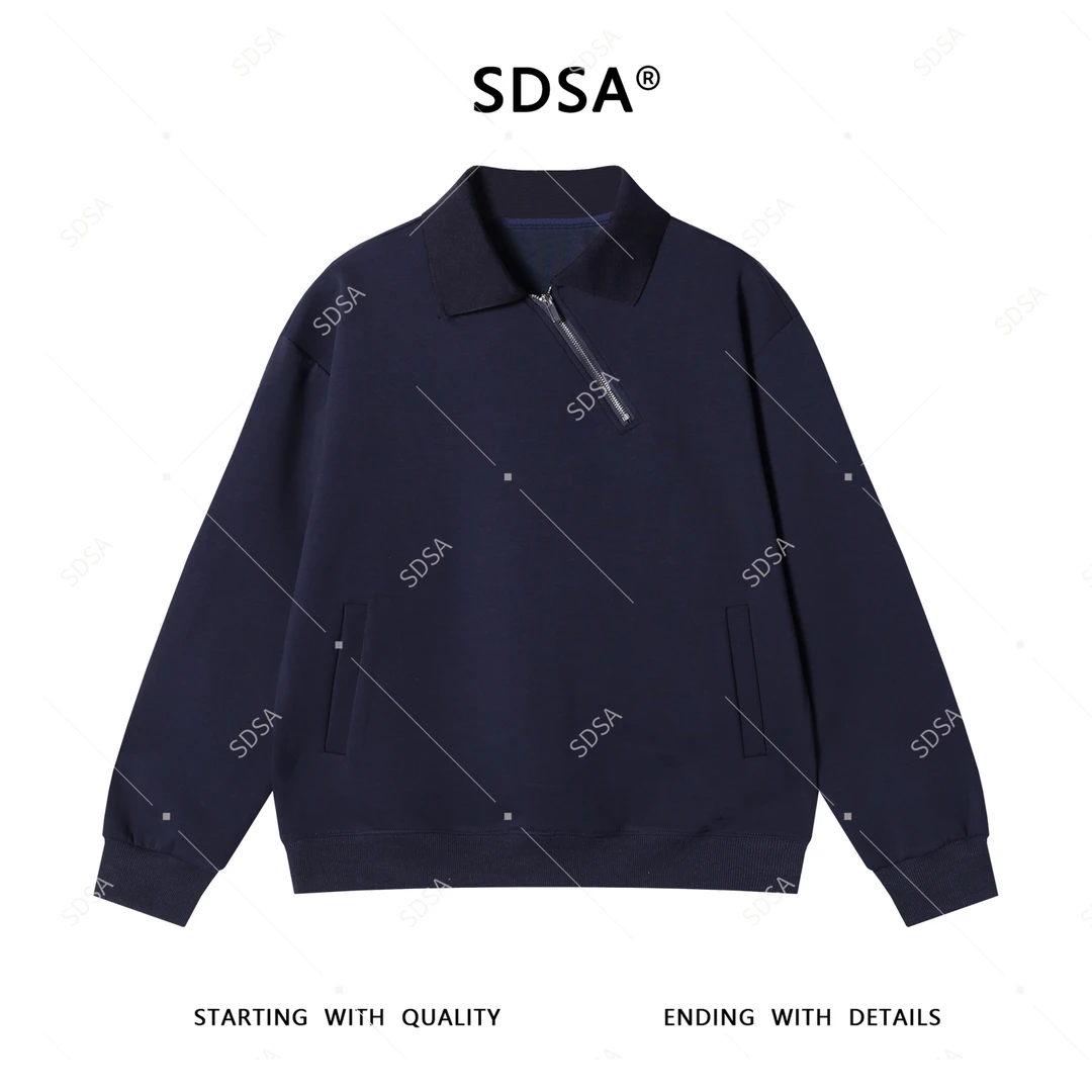 SDSA男士秋冬新款轻奢痞帅男装纯色斜拉链翻领套头卫衣百搭潮牌