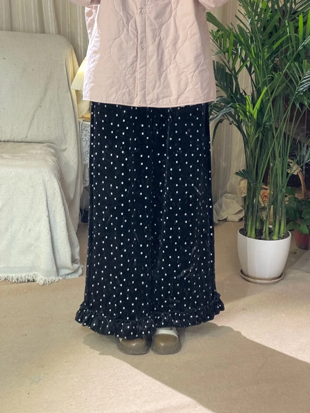 CHEN｜【波点裤】黑色丝绒花边阔腿垂顺厚款荷叶裤子阔腿裤