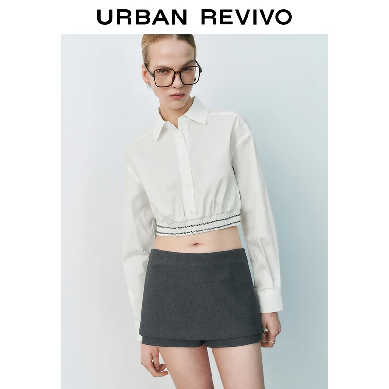 UR2025春季新款女装欧若风气质撞色刺绣短款罩衫衬衫UYU250034